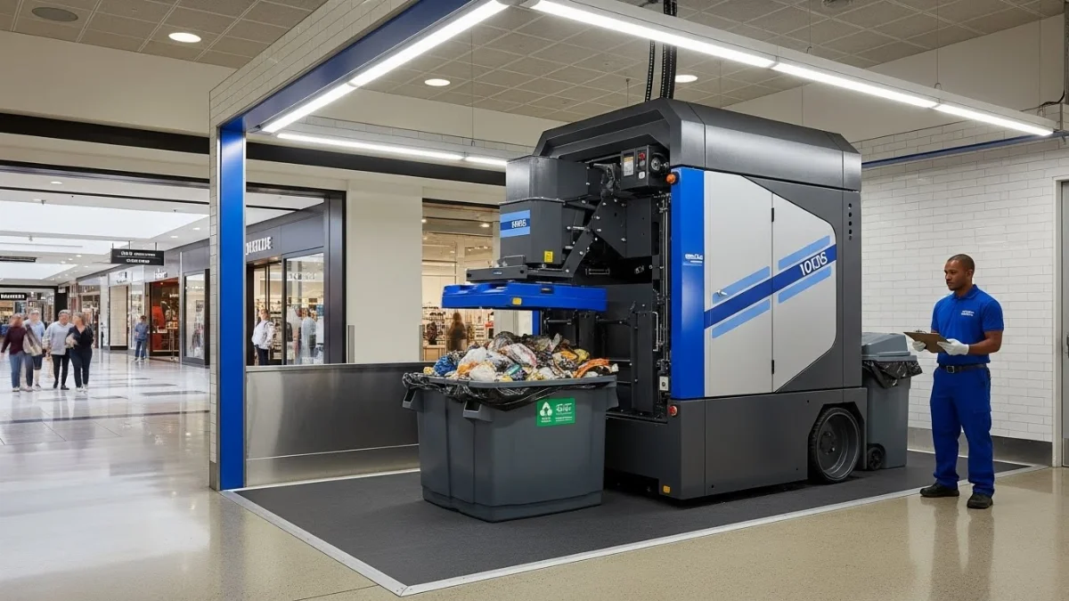 Thiết bị ép rác di động hiện đại lắp đặt tại kho bãi trung tâm thương mại