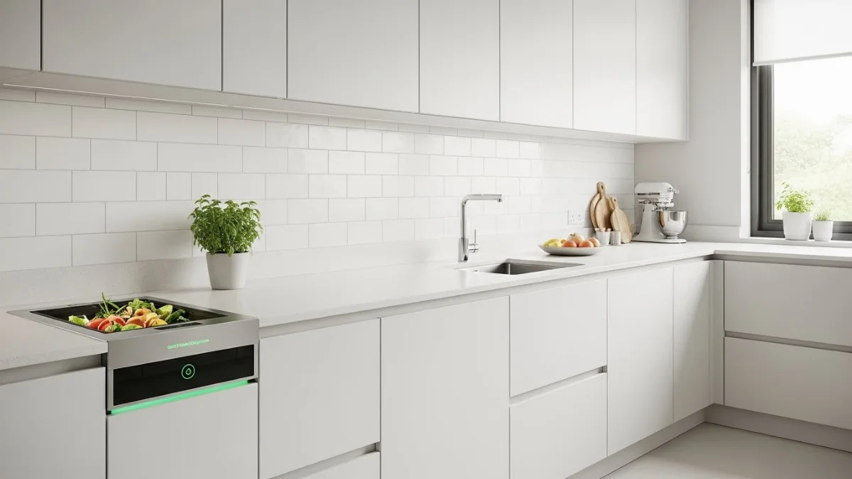 Sơ đồ minh họa cơ chế nén rác của thùng ép rác gia đình