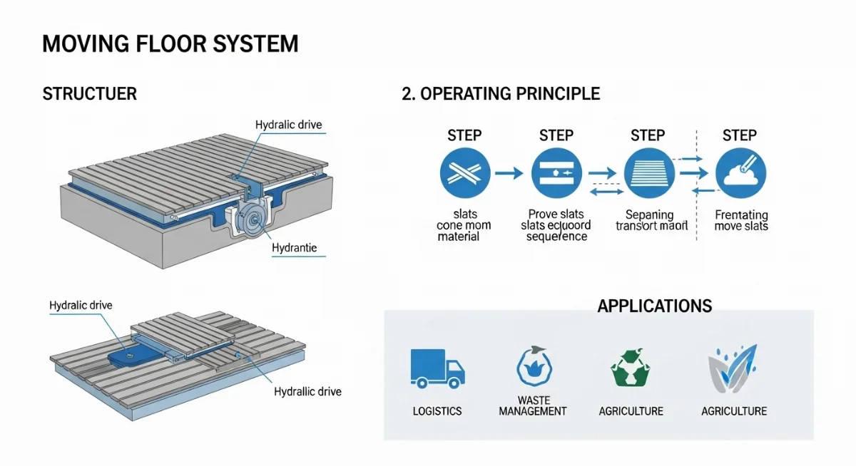 Hệ thống băng tải trượt tự động Moving Floor đang vận chuyển hàng rời hiệu quả.