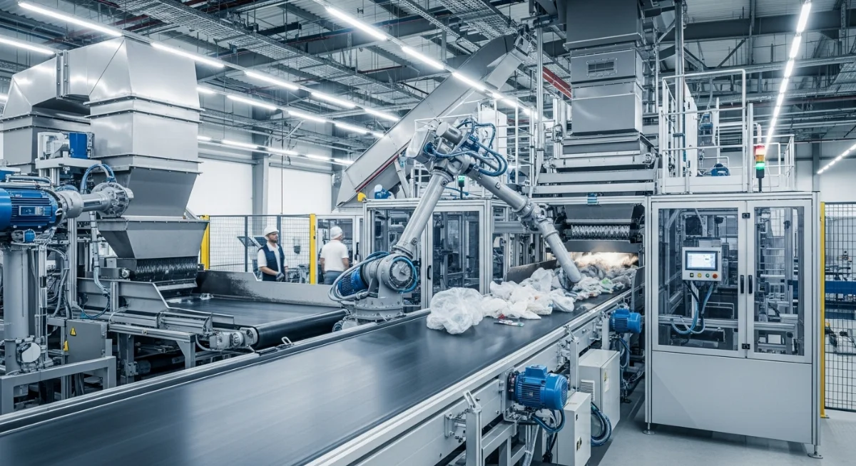 Hình ảnh tổng quan về nhà máy tái chế rác công nghiệp hiện đại, sạch sẽ và tự động