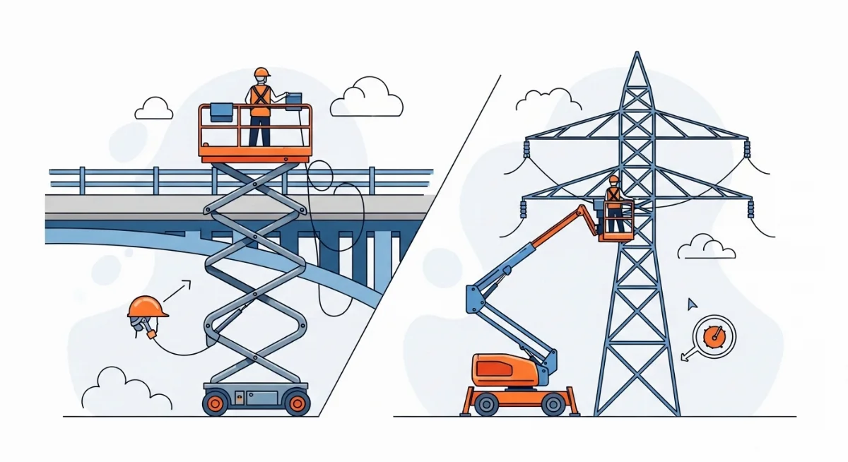 Xe nâng người cần vươn làm việc kiểm tra kết cấu cầu vượt