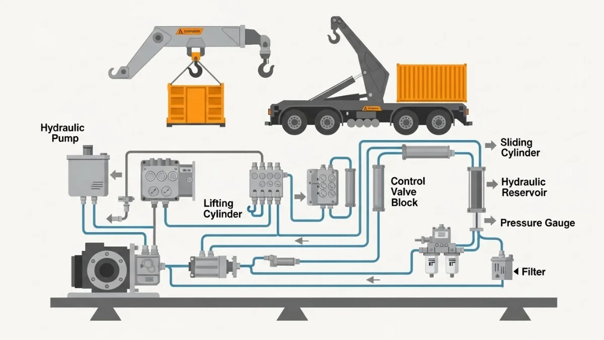 Cấu tạo chi tiết cánh tay móc và xi lanh thủy lực xe hooklift
