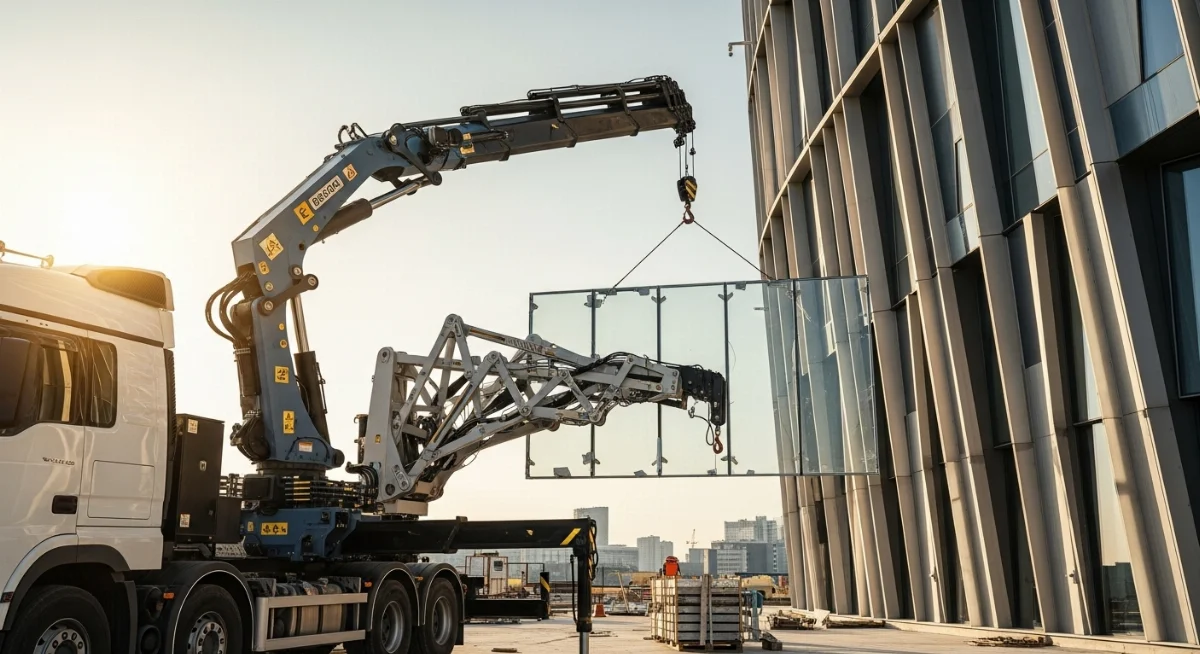 Cẩu gập robot đang hoạt động nâng hạ vật liệu xây dựng