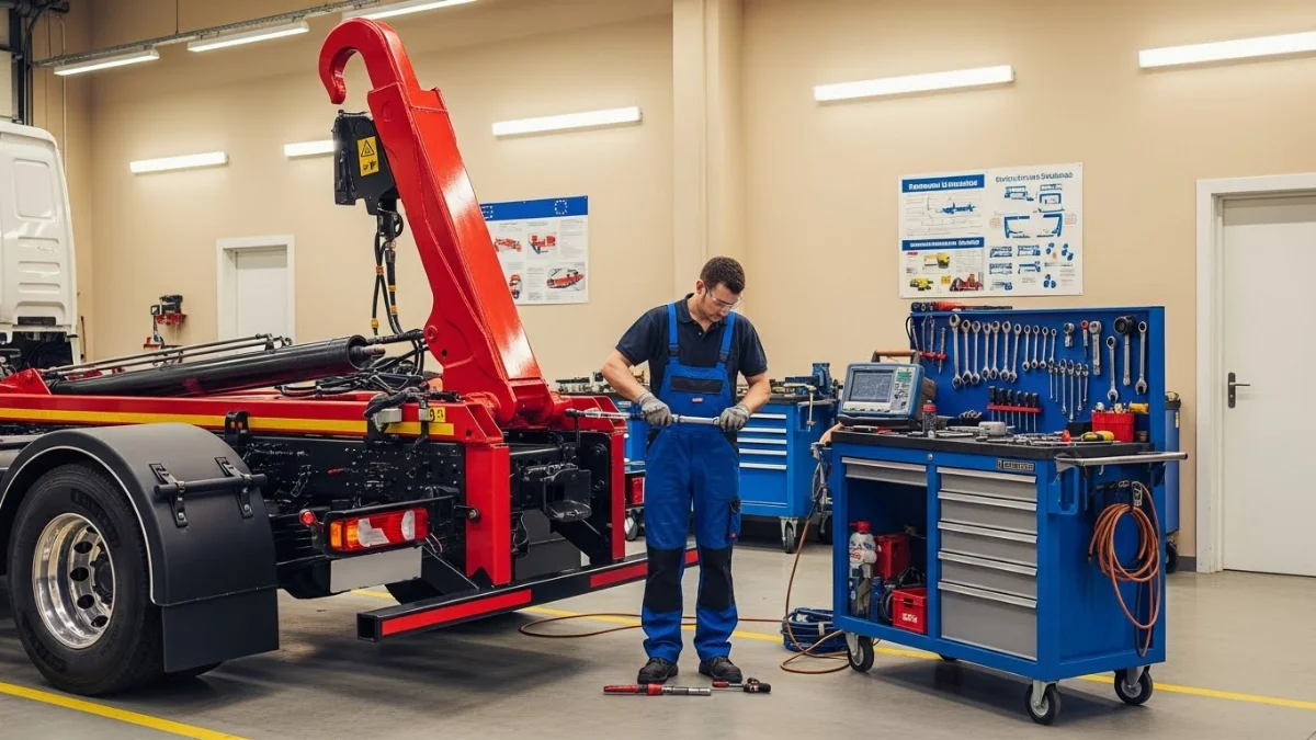 Kỹ thuật viên kiểm tra hệ thống thủy lực và điện tử của xe hooklift theo tiêu chuẩn EU
