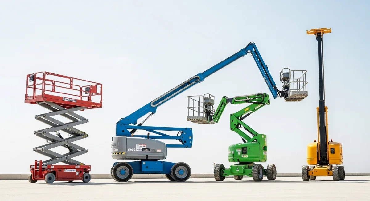 Xe nâng người cắt kéo trên công trường xây dựng