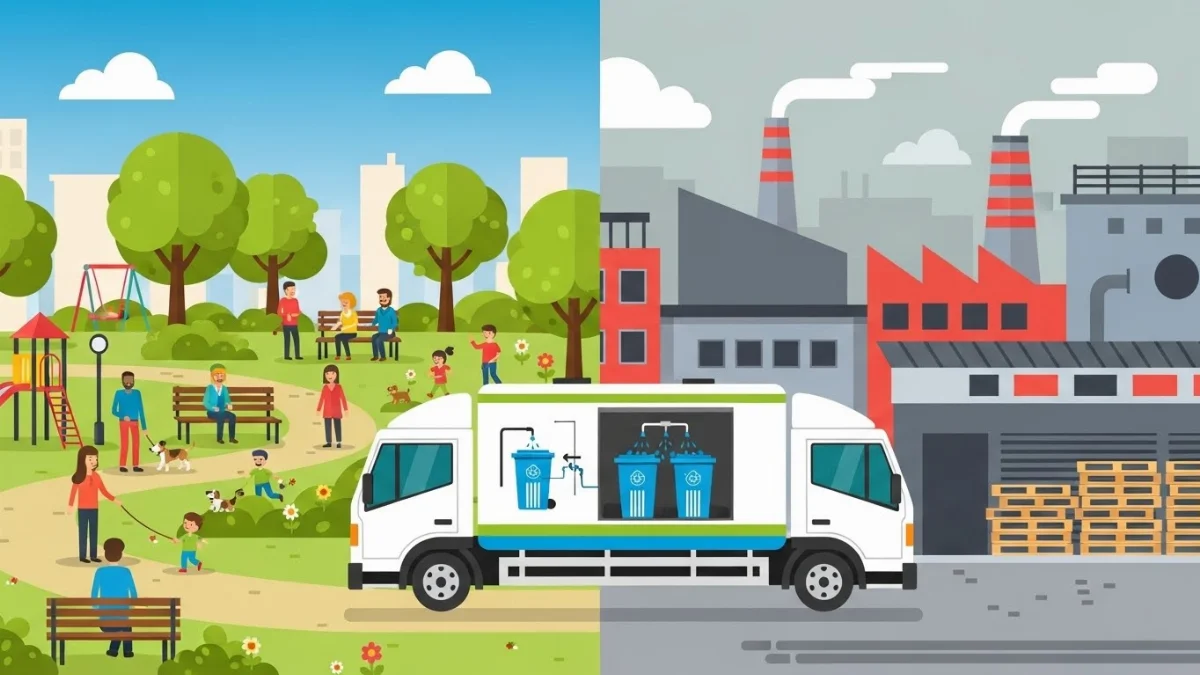 Công nhân vận hành xe rửa thùng rác di động tại khu đô thị