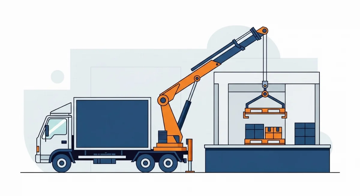 Xe tải gắn cẩu gập robot đang vận chuyển vật liệu xây dựng