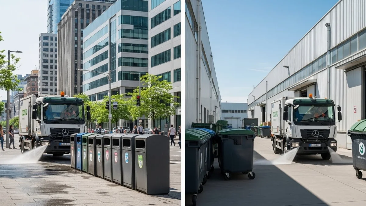 Xe rửa thùng rác di động đang làm sạch thùng rác lớn tại công viên