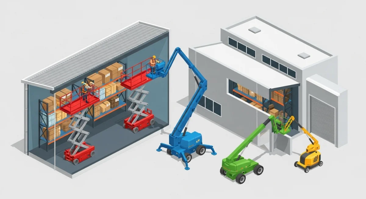 Xe nâng người cần gập làm việc trong nhà máy