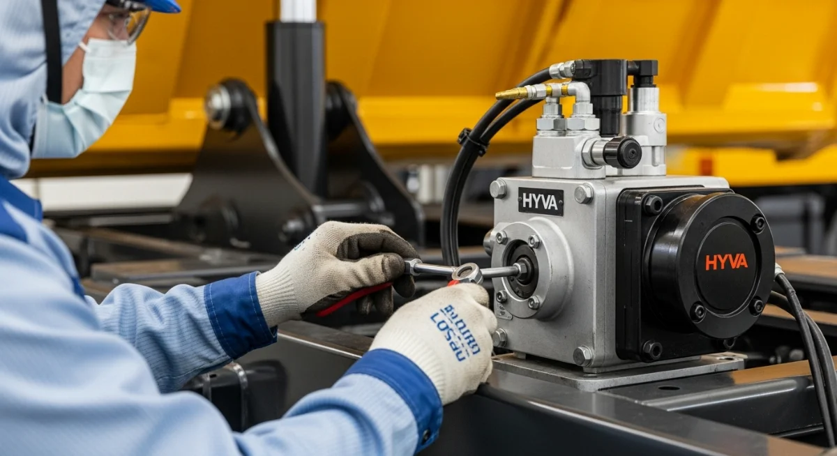 Hình ảnh bơm thủy lực HYVA đang hoạt động ổn định trên xe