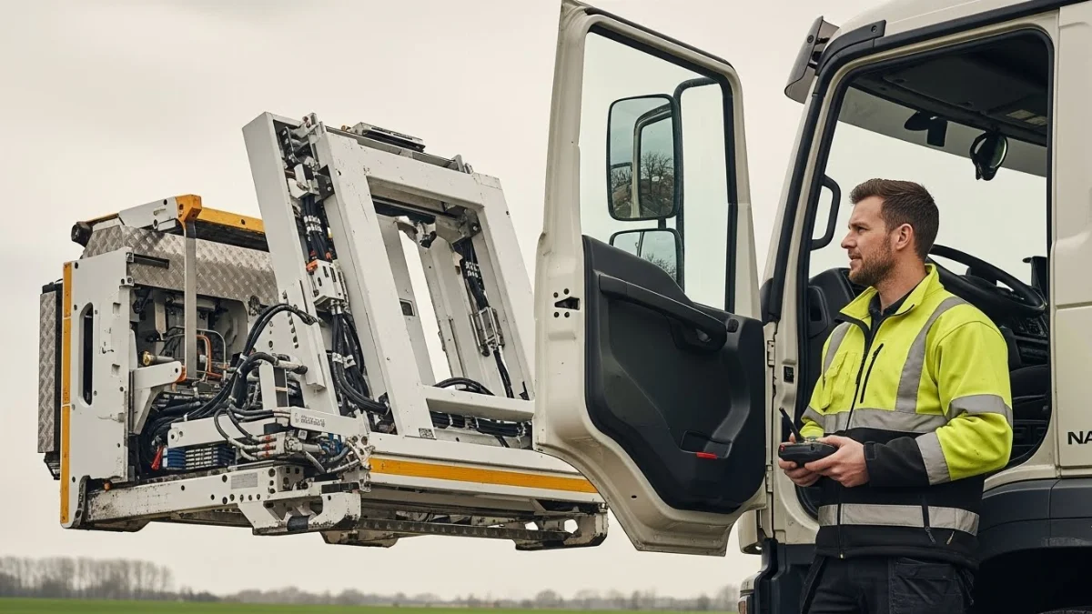 Xe hooklift đang nâng thùng rác lên chassis một cách tự động và hiệu quả