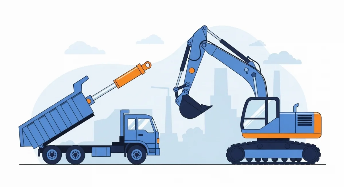 Xe tải tự đổ với xi lanh ben đang nâng thùng