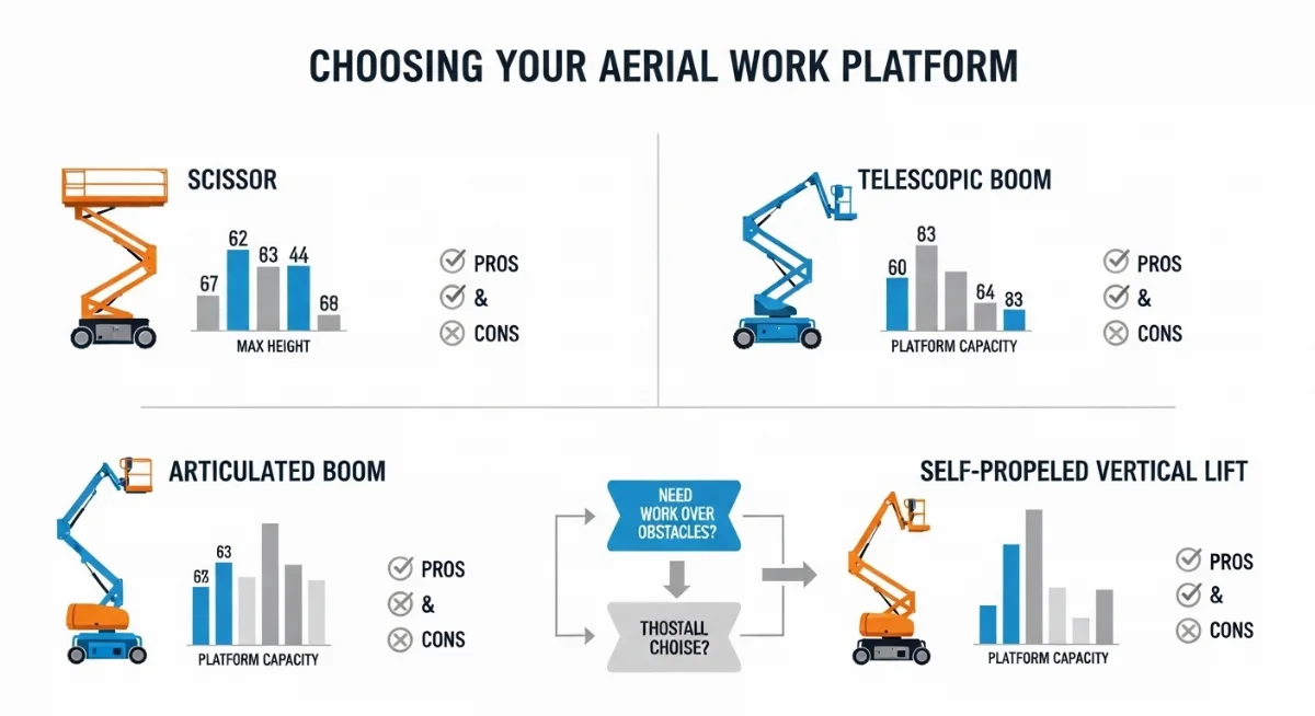 Xe nâng người tự hành di chuyển linh hoạt trên địa hình