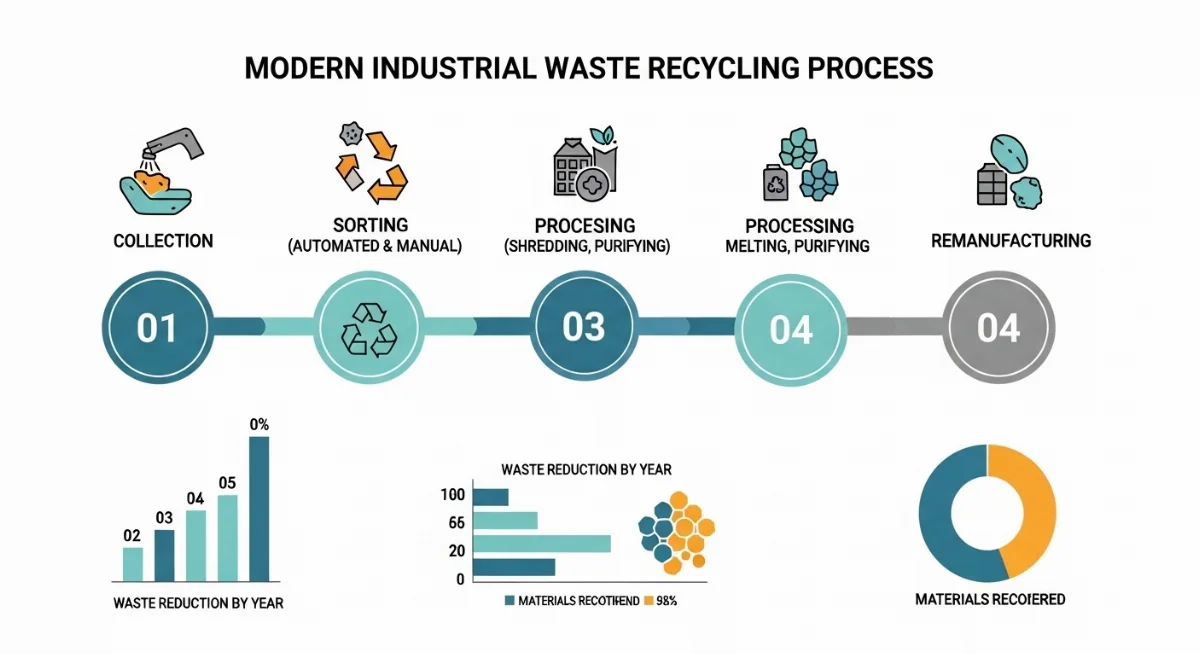 Bên trong một nhà máy tái chế hiện đại, máy móc đang hoạt động liên tục, hiệu quả cao