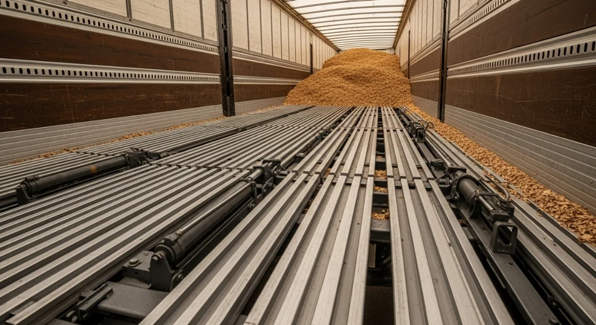 Cấu tạo chi tiết băng tải trượt tự động Moving Floor với các thanh sàn và hệ thống thủy lực.