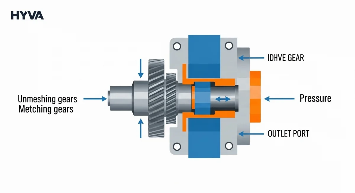 Biểu đồ minh họa nguyên lý hoạt động bơm thủy lực HYVA hút và đẩy dầu