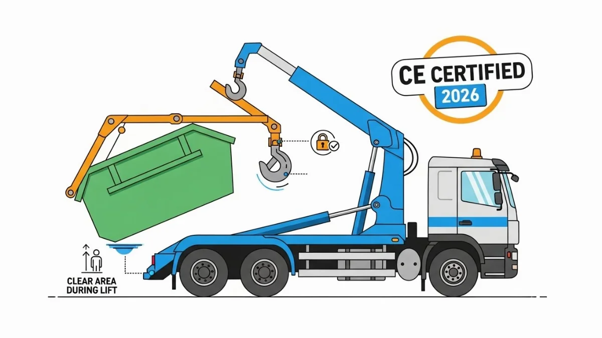 Người lái xe hooklift đang kiểm tra thiết bị trước khi vận hành