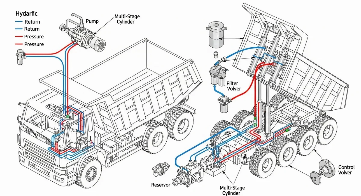 Minh họa nguyên lý hoạt động nâng hạ của xi lanh tháp ben