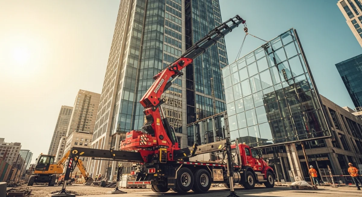 Xe tải gắn cẩu gập đang nâng vật liệu trong công trình đô thị hiện đại